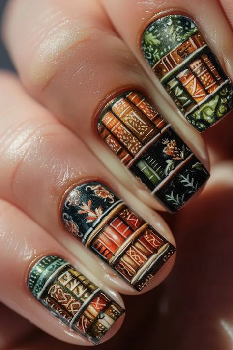 The image shows a hand with a book-themed nail art design. The nails are painted with an image of a library, complete with bookshelves, books, and even a librarian ->> more details in ai-img-gen.com Book Theme Nails, Book Themed Nails, Library Nails, Book Nails Designs, Book Inspired Nails, Bookish Nails, Book Nail Art, Nails Graduation, Book Nails