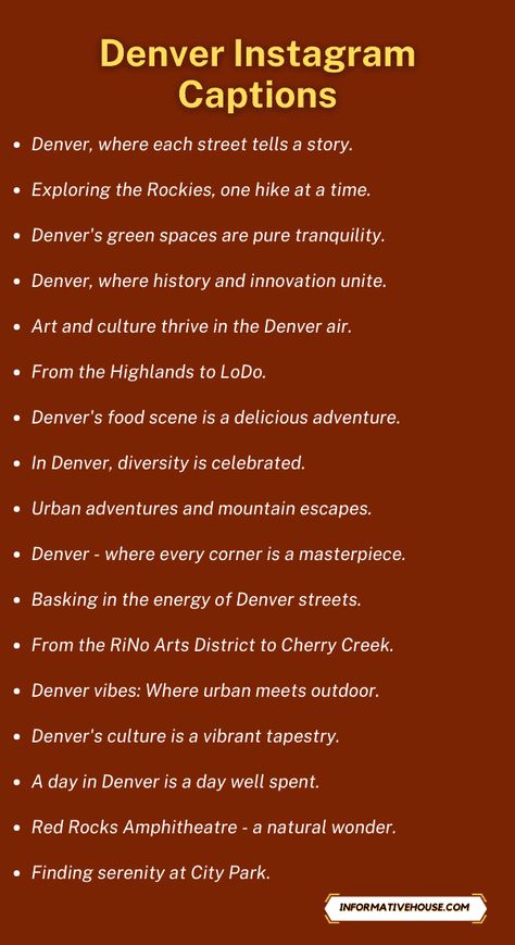 Denver Instagram Captions to Engage Followers! June Celebrations, Colorado Photos, June Colors, First Instagram Post, One Word Instagram Captions, Mile High City, City Vibes, Good Instagram Captions, Caption For Yourself