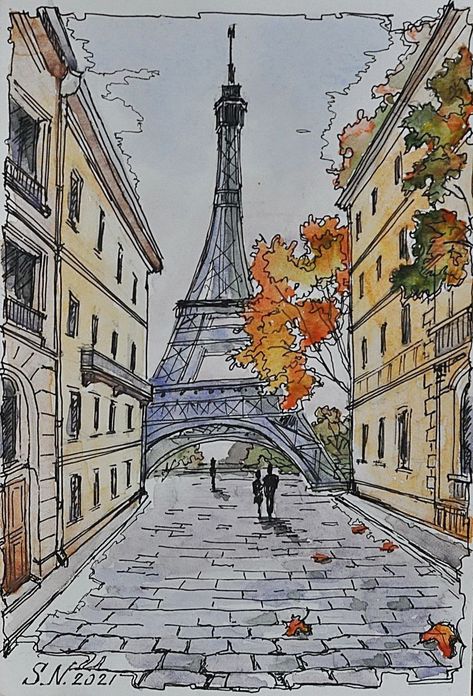 Paris Urban Sketch, How To Draw Paris, Paris Drawing Ideas, Painting Ideas Paris, Paris Art Drawings, Urban Watercolor Sketching, Paris Aesthetic Drawing, Paris Drawing Sketches, Paris Painting Easy