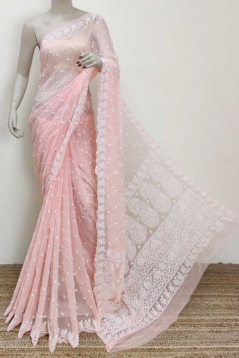 Peach Color Allover Booti Jaal Hand Embroidered Lucknowi Chikankari Saree (with Blouse- Georgette) Mc252969 Unstitched Chinon Saree With Chikankari Embroidery, Semi-stitched Organza Saree With Chikankari Embroidery, Chikankari Embroidery Georgette Saree, Semi-stitched Multicolor Chikankari Embroidery Saree, Chikankari Embroidered Georgette Saree, Elegant Saree, Sarees Online, Hand Embroidered, Saree