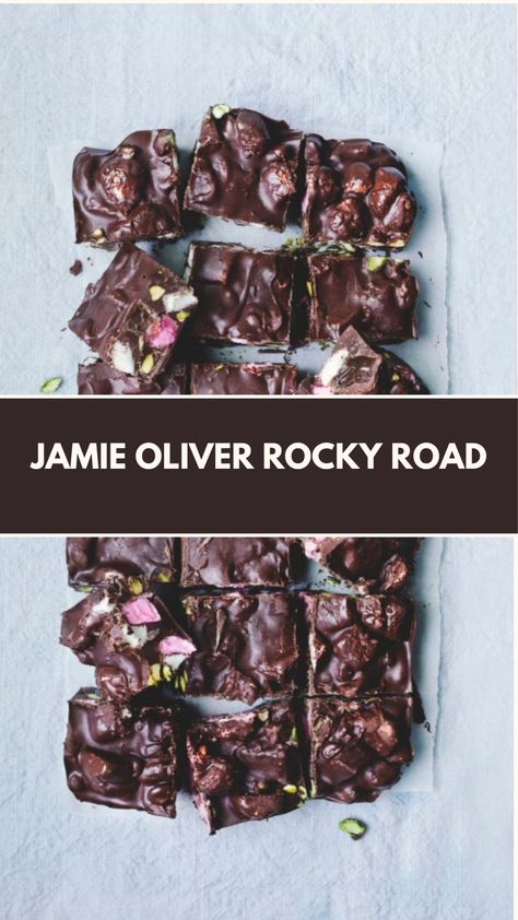 Jamie Oliver Rocky Road is made with dark chocolate, meringue, unsalted popcorn, digestive biscuits, mixed nuts and seeds, dried fruit, and white chocolate. This easy Rocky Road recipe creates a delicious dessert that takes about 2 hours and 30 minutes to prepare and can serve up to 24 people. Rocky Roads Recipes, Christmas Rocky Road Recipe, Best Rocky Road Recipe, Healthy Rocky Road, Easy Rocky Road Recipe, Christmas Rocky Road, Easy Rocky Road, Rocky Road Bars, Rocky Road Recipe