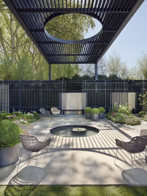 Landscape Design | Outdoor Seating Area with Contemporary Cutout Pergola Gard Modern, Steel Pergola, Contemporary Garden Design, Garden Nook, Building A Pergola, Pergola Attached To House, Pergola Design, Wood Roof, Modern Garden Design