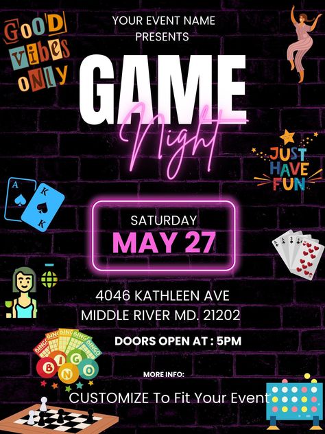 Game Night Invitations Template Free, Games Night Invitation, Game Night Flyer Design, Post Prom Games, Game Night Invitations, Game Night Poster, Game Night Flyer, Prom Games, Branding Examples