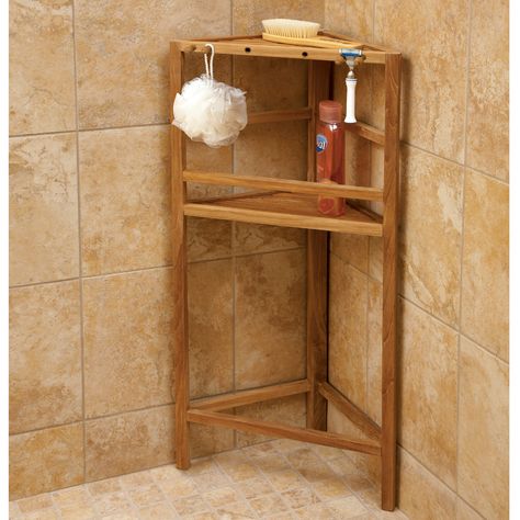 Teak Shower Shelf, Bathroom Storage Bench, Teak Bathroom Accessories, Corner Shower Shelf, Shower Corner Shelf, Teak Bath, Wood Corner Shelves, Teak Bathroom, Bathroom Caddy