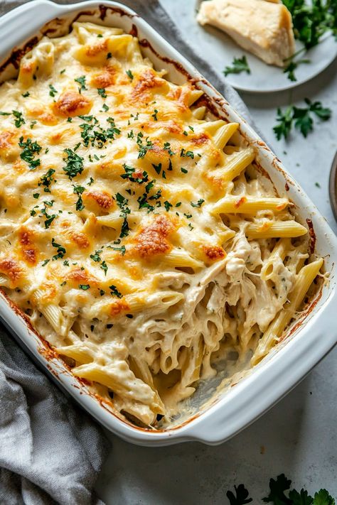 Dump and Bake Chicken Alfredo Casserole Penne Pasta Alfredo, Dump And Bake Chicken Alfredo, Pasta Alfredo Sauce, Chicken Penne Alfredo, Chicken Fettucini, Dump Casseroles, Dump And Bake Chicken, Dump Chicken, Pioneer Woman Chicken