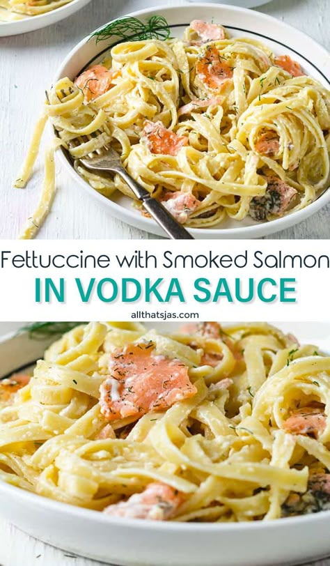 This sophisticated and satisfying dish of noodles and smoked salmon in vodka sauce is done in about 20 minutes. It's quick, easy, and delicious comfort food! | allthatsjas.com | #pasta #noodles #fettuccine #smokedsalmon #salmon #seafood #vodkasauce #creamy #allthatsjas #easy #recipes Smoked Salmon Linguine, Vodka Food Recipes, Smoked Salmon Fettuccine, Salmon Vodka Sauce Pasta, Salmon And Noodles Recipes, Smoked Salmon Recipes Dinners, Recipes Using Smoked Salmon, Smoked Salmon Pasta Recipes, Pasta Mama