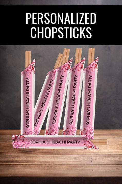 Personalized chopstick sleeves - They're a fun, colorful way to add a unique and custom touch to your event.  These personalized chopstick sleeves are great for Hibachi Dinner Parties, Hibachi Events, Weddings, Rehearsal Dinners, and custom party favors. They're also terrific for advertising your brand or marketing message for corporate events. Customized with your choice of text. Hibachi Party, Hibachi Dinner, Marketing Message, Personalized Chopsticks, Beach Bach, Engagement Party Planning, Sushi Party, Custom Party Favors, 13th Birthday