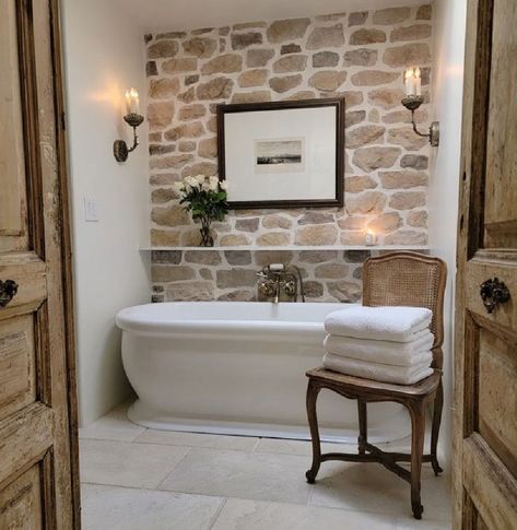 Breathtaking French country bathroom with stone wall - TheFrenchNestCoInteriorDesign. #frenchbathroom #countryfrenchdesign Drømme Bad, Bathroom Stuff, Trailer Life, Bathroom Farmhouse Style, Stone Walls, Powder Bath, Main Bathroom, Luxurious Design, Bath Remodel