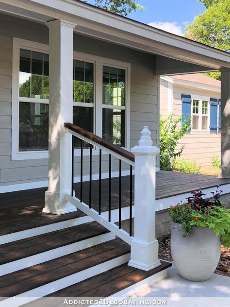 Front Porch Finishes, Small Porch With Railing, Flooring For Porches, Front Porch Posts And Railings, Front Porch Edging Ideas, Deck Off Front Porch, Gray Front Porch Ideas, White Railing Front Porch, Wood On Concrete Steps