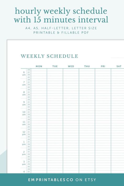 Hourly Weekly Schedule 15 Minutes Interval, Meeting Tracker, Appointments, Printable Blue Planner | Weekly Printable Planner By  Carol Vanderhoff Organizing Printables, Excel For Beginners, Gold Planner, Weekly Planner Inserts, Daily Weekly Monthly Planner, Printable Weekly Planner, Planner Pdf, Weekly Calendar, Organization Printables