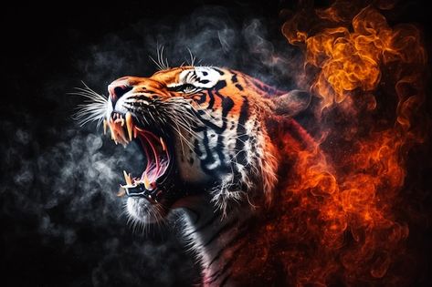 Photo a tiger with flames on his face | Premium Photo #Freepik #photo #tiger-head #tiger-roar #tiger-background #white-tiger Dp Background, Tiger Background, Tiger Photo, Female Tiger, Tiger Roar, Imac Wallpaper, Tiger Attack, Designing Art, Tiger Roaring