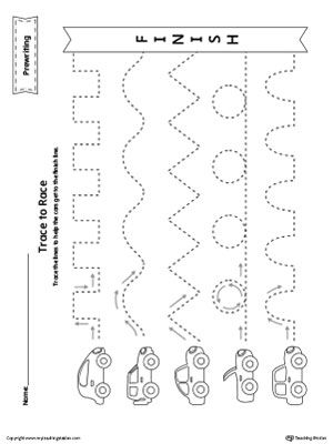 Prewriting Line Tracing to Race Worksheet Worksheet.Trace the lines to help the cars get to the finish line in this  printable worksheet. Prewriting Worksheets, Trace The Lines, Line Tracing Worksheets, Line Tracing, Prewriting Skills, Transportation Preschool, Preschool Tracing, Preschool Planning, Pre Writing Activities