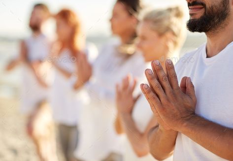 group of people making yoga or meditating on beach by dolgachov. yoga, fitness, sport and healthy lifestyle concept ¨C group of people meditating on beach#yoga, #meditating, #beach, #group People Meditating, Website Photoshoot, Health Resort, Yin Yoga Class, Group Meditation, Become A Yoga Instructor, Yoga Detox, Group Yoga, Kriya Yoga