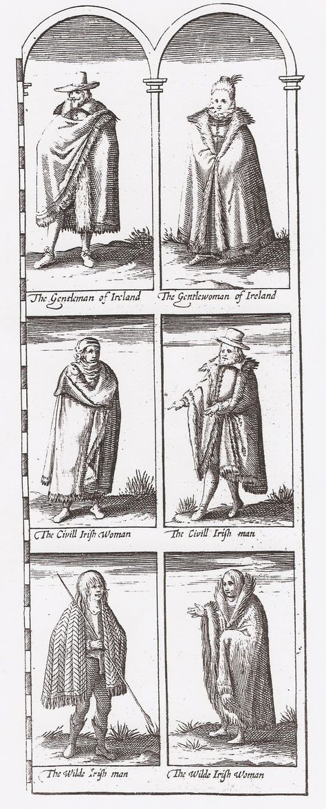 From John Speed's Map of Ireland. 1610 Irish Traditional Dress, Traditional Irish Clothing, Ireland Clothing, Irish Dresses, 16th Century Clothing, Irish Dress, Irish Clothing, Ireland History, Ancient Ireland