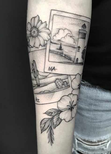 Tattoo Of Polaroid, Polaroid Picture Tattoo Sleeve, Picture Frame Tattoo Sleeve, Poloroid Tattoo Simple, Polaroid Sleeve Tattoo, Polaroid Picture Tattoo Ideas, Post Card Tattoo Ideas, Tattoos With Frames, Scrapbook Tattoo Sleeve