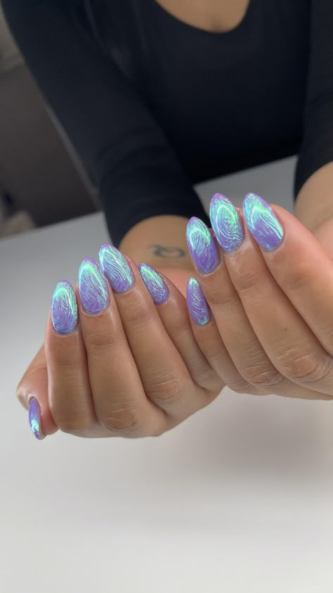 Purple and aqua mermaid manicure Mermaid Purple Nails, Lavender Mermaid Nails, Iridescent Purple Nails, Simple Mermaid Nails, Dark Mermaid Nails, Purple And Turquoise Nails, Purple Mermaid Nails, Mermaid Glitter Nails, Purple And Teal Nails