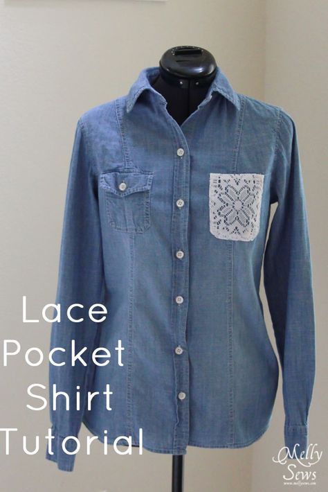 Lace Pocket Shirt Tutorial Restyle Clothes, Melly Sews, Recycled Clothes, Shirt Tutorial, Fiber Crafts, Lace Diy, Lace Pocket, Upcycled Clothes, Make Your Own Clothes