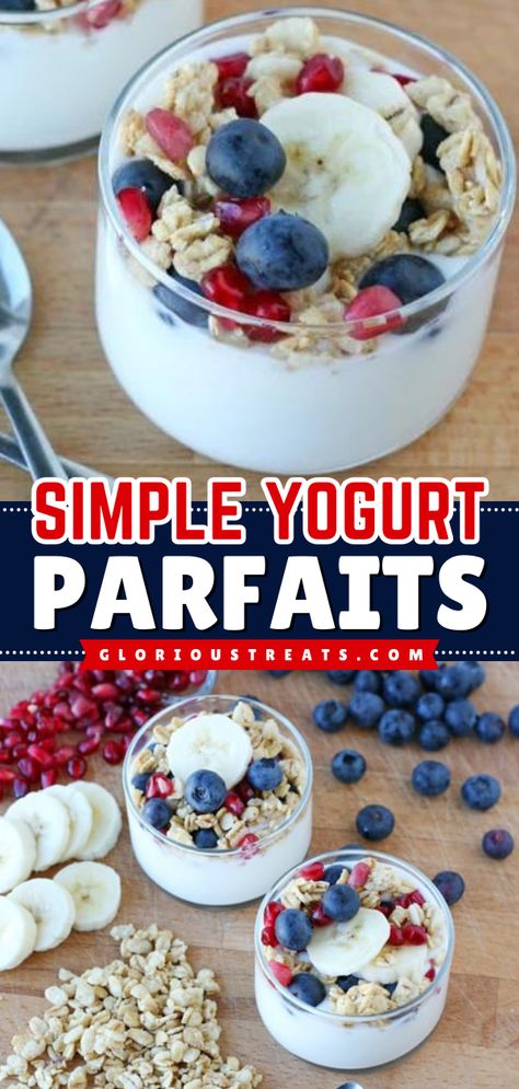 Looking for the best breakfast food ideas? These Simple Yogurt Parfaits start with creamy yogurt layered with fresh fruits and crunchy toppings. This healthy breakfast recipe is one delicious treat! Save this pin. Yogurt Fruit Cups For Party, Yougart Parfait Cups Recipe, Easy Yogurt Parfait, Yogurt Breakfast Ideas, Oatmeal Parfait, Breakfast Food Ideas, Crunchy Toppings, Healthy Parfait, Fruit And Yogurt Parfait