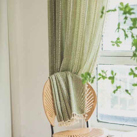 Green Boho Curtains, Boho Kitchen Curtains, Dining Room Window Treatments, Textured Embroidery, Farmhouse Window Treatments, Kitchen Closet, Dining Room Windows, Dining Room Curtains, Boho Chic Design