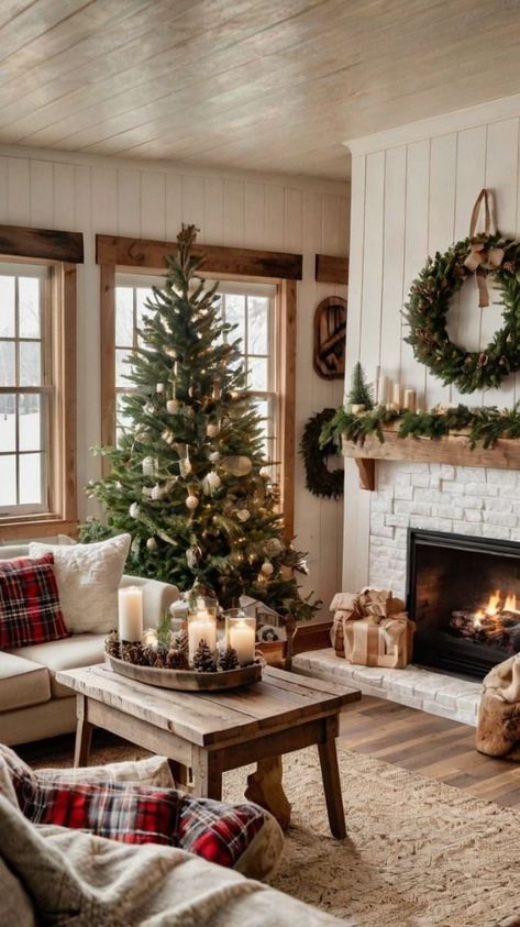 Christmas Tree Ideas Vintage, Plaid Ribbon Christmas Tree, Farmhouse Living Room Christmas, Dining Room Christmas Decor, Festive Living Room, Pinecone Christmas Tree, Cozy Christmas Home, Comfort Living Room, Holiday Living Room Decor