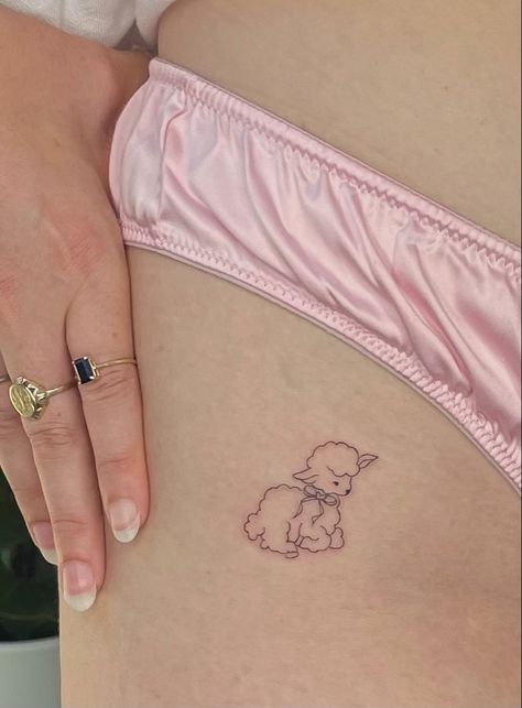 Tattoo On Hips For Woman, Small Lamb Tattoo, Baby Lamb Tattoo, Dainty Girly Tattoos, Soft Girl Tattoos, Little Lamb Tattoo, Lamb Tattoo, Soft Tattoo, Minimal Tattoo Ideas