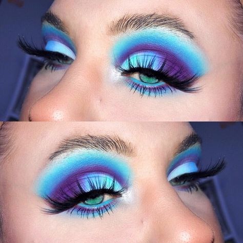 Eyeshows Looks Colorful, Colorful Halloween Makeup Looks, Teal And Purple Eyeshadow Looks, Stitch Makeup Look, Colorful Make Up, Fun Eye Makeup Looks, Cool Eye Makeup Looks, Themed Makeup Looks, Bright Colorful Eye Makeup