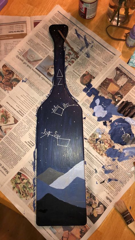 Mountains, stars, constellation, big/lilttle, sorority, paddle Paddle Sorority Big, Paddle Sorority, Paddle Designs, Big Little Paddles, Paddle Ideas, Greek Paddles, Frat Coolers, Sorority Paddles, Big Lil