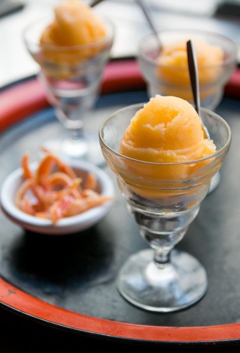 Tangerine Sorbet Recipe Peach Sorbet Recipe, Food Portfolio, Pineapple Sorbet, Tangerine Juice, Sorbet Ice Cream, David Lebovitz, Orange Sorbet, Making Homemade Ice Cream, Peach Sorbet