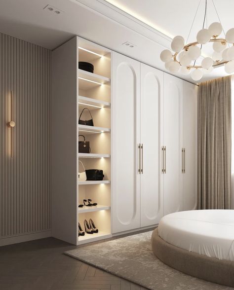 Beige Cupboards Bedroom, Closet Designs For Women, Aesthetic Wardrobe Design, Woredrobe Design, Wardrobe Ideas Bedroom, L Shape Wardrobe Design, White Wardrobe Bedroom, White Modern Bedroom, Sliding Wardrobe Design