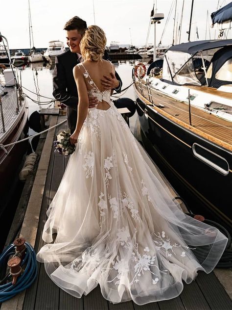 Cheap Beach Wedding Dresses | Custom Wedding Dresses Online – BohoProm Gaun Tulle, Beach Wedding Dresses Backless, Wedding Boho, A Wedding Dress, Chapel Train, Wedding Dress Trends, Wedding Goals, Backless Wedding Dress, A-line Wedding Dress