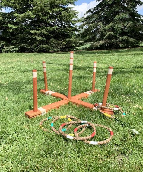 Summertime lawn games are one of the best parts of summer. Sunshine, hanging out with friends, and passing the time by tossing things back and forth. What's not to love?!    Tools & wood materials    Tools needed for this project:  Mitre saw or skill saw  Wood glue  Brad nailer  Power drill  1" spade bit  Heavy duty scissors  Painter's tape  Paint or gel stain  To make 2 ring toss stands, you will need:  1"x3"x8' lumber x 3 (cut 4 pieces @ 30", cut 8 pieces @ 13.75")  1"x6' dowels x 2… Outdoor Movie Theatre, Diy Backyard Movie, Movie Projector Screen, Water Blob, Yard Dice, Diy Cornhole Boards, Mitre Saw, Mother Daughter Projects, Brad Nailer