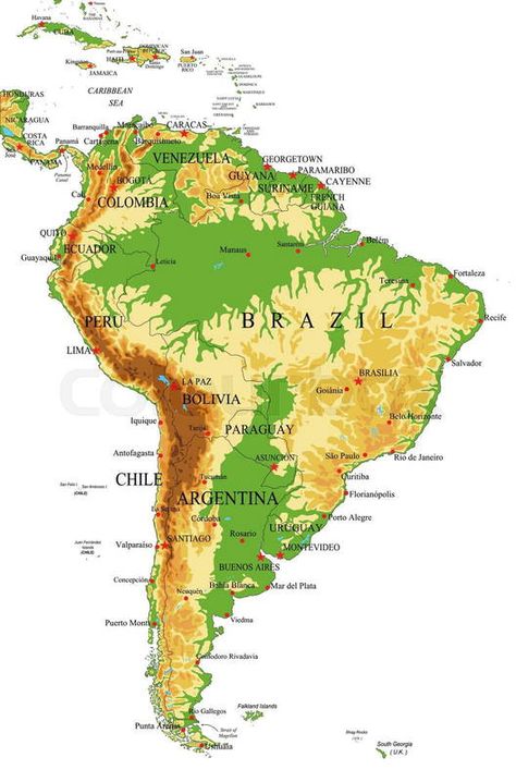 South America-physical map Map Of South America, Country Backgrounds, South America Map, Physical Map, Geography Map, Big Cities, America Map, World Geography, Map Vector