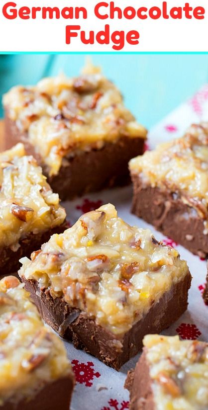 German Chocolate Fudge is melt-in-your-mouth chocolate fudge topped with a thick layer of irresistible coconut pecan frosting. #christmas German Chocolate Fudge, Chocolate Fudge Topping, Rocky Road Fudge, Pecan Frosting, Philadelphia Torte, Homemade Fudge Recipes, Coconut Pecan Frosting, Christmas Fudge, Vanilla Fudge