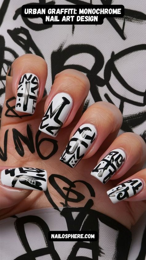 Dive into the edgy world of street style with this striking nail art design that features bold, black graffiti-inspired lettering on a crisp white base. Each nail showcases unique and artistic black letters that create a captivating monochrome look, perfect for those who love to make a statement with their style. Nail Art Graffiti, Monochrome Nail Designs, Monochrome Nail Art, Graffiti Nail Art, Unique Acrylic Nail Designs, Monochrome Nails, Urban Nails, Splatter Nails, Graffiti Nails