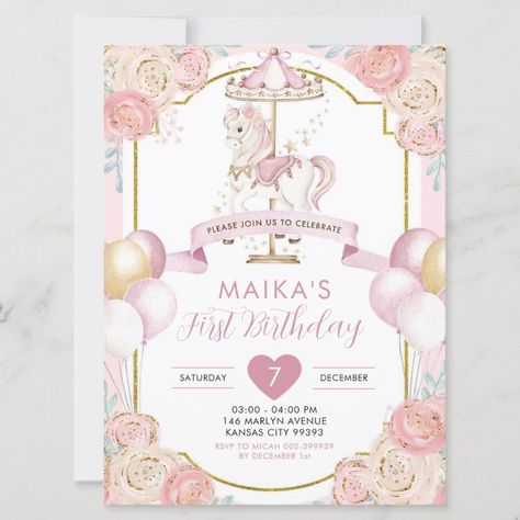 Pink and Gold Magical Girl Carousel Birthday Invitation - tap/click to personalize and buy #Invitation #carousel #birthday #theme, #invite, #horse Carousel Birthday Theme, Horse Invitations, Carousel Baby, Carnival Birthday Invitations, Carousel Birthday Parties, Pink Gold Birthday, Carousel Party, Birthday Invitation Pink, Carousel Birthday