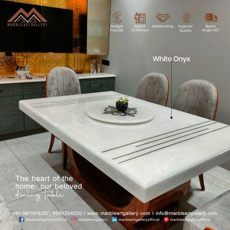 "In the realm of exquisite dining, white onyx sets the scene for culinary magic." Shop our most comprehensive collection of marble tables- A 1/8, WHS Marble Market, Kirti Nagar, New Delhi Connect with us today: www.marbleartgallery.com Call us for customized tables: 9871976397 / 9999334500 #MarbleArtGallery #MAG #whiteonyx #Diningtable #inlaywork #glossyfinish #woodenback #Diningtable #UpgradeYourSpace #FoodieGatherings #MemorableMoments #Marblecentertable #sidetable #bedsidetable Marble Dining Table Design, Marble Dinning Table, Marble Dining Table Set, Onyx Table, Bedroom Pop Design, Marble Top Dining Table, Luxury Marble, Ceiling Design Modern, White Onyx