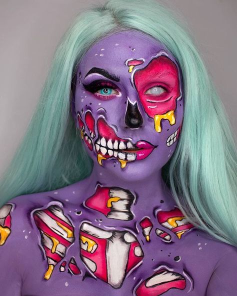 Kim on Instagram: “💜 all beauty....No brains.. Wanted to do another popart zombie and per usual the inspiration for it is @jordanhanz 😍 made live on @twitch…” Halloween Face Painting Adults, Pop Art Zombie Makeup, Zombie Pop, Pop Art Zombie, Halloweenský Makeup, Pop Art Makeup, Halloween Makeup Pretty, Face Paint Makeup, Face Art Makeup