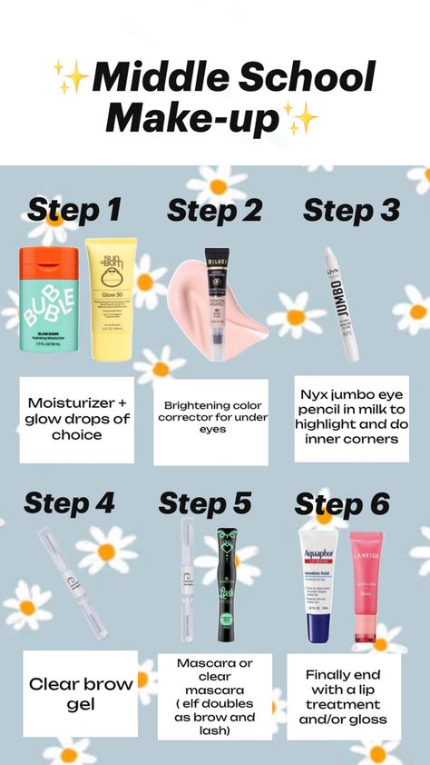 This is to give ideas, but really no middle schooler needs makeup, this is just a light idea to express yourself through makeup, that will be fine to wear (hopefully)! And anyone can try this, not only middle schoolers. Most of these products are drugstore and fairly cheap ☺️ Easy School Makeup, School Makeup Routine, Middle School Makeup, School Makeup Tutorial, Middle School Essentials, Back To School Makeup, Eye Moisturizer, Morning Makeup, Pop Art Makeup