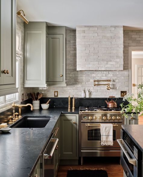 KITCHENS • Instagram Soapstone Kitchen, Living Room And Kitchen Design, Before After Kitchen, Soapstone Countertops, White Tile Floor, Mix Of Colors, Charming Kitchen, Living Room Design Inspiration, Green Cabinets