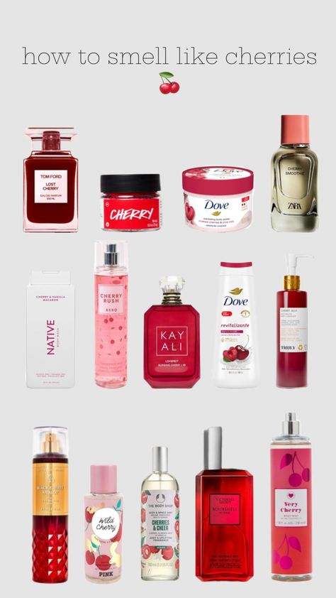 #cherry #beauty #scent #cute #collage #perfume #skincare Scent Aesthetic, Cherry Perfume, Cherry Fragrance, Cute Collage, Cherry Scent, Cherry Girl, Beautiful Beach Pictures, Gift Inspo, Suncare