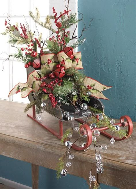 RAZ Christmas Sleigh - Trendy Tree Blog Christmas Sleigh Decorations, Diy Christmas Decorations For Home, Christmas Centers, Christmas Flower Arrangements, Christmas Floral Arrangements, Fabulous Christmas, Christmas Sleigh, Trendy Tree, Christmas Arrangements