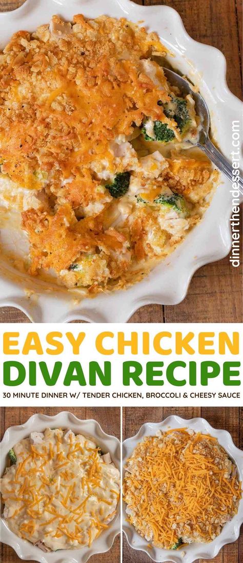 Chicken Divan is an easy weeknight meal to make in just 30 minutes. Tender chicken and broccoli are topped with a creamy, cheesy sauce. #dinner #chicken #chickendiven #broccoli #30minutemeals #weeknightmeals #dinnerthendessert Cheesy Sauce For Chicken, Chicken Devine Casserole Easy Recipes, Easy Chicken Divan Casserole, Chicken Devon Casserole, Chicken Devine Casserole, Chicken Devine Recipe, Chicken Divan Recipe Easy, Chicken Devine, Easy Chicken Divan