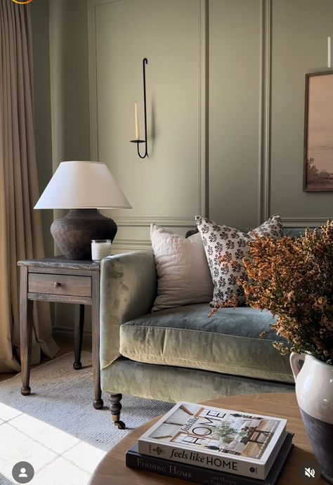 Living Room Ideas Green Accents, Cozy Parisian Living Room, Sage Sofa Living Room Decor, Sage Green Sofa Living Room, Living Room With Green Couch, Traditional Living Room Decor Ideas, Sage Sofa, Calm Living Room, Storage Living Room