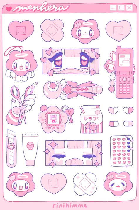 Yami Kawaii Stickers, Cute Medical Stickers, Cardd Inspo Aesthetic Dark, Pink Journal Stickers, Sanrio Sticker Sheet, Cutecore Stickers, Anime Sticker Sheet, Pink Sticker Sheet, Kawaii Printable Stickers