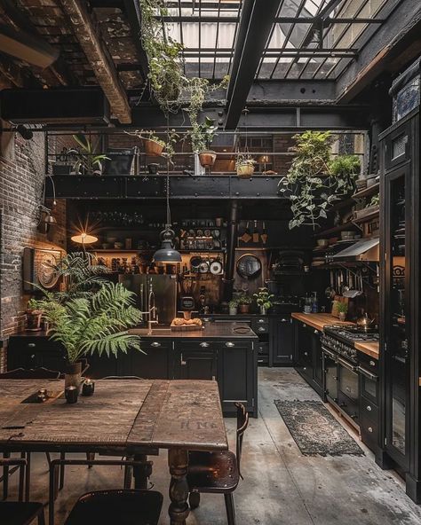 Industrial Gothic Interior, Cafe Fitout Ideas, Gothic Bar, Dark Feminine Era, Bali Style Home, Bistro Kitchen, Feminine Era, Gothic Interior, Industrial Office Design