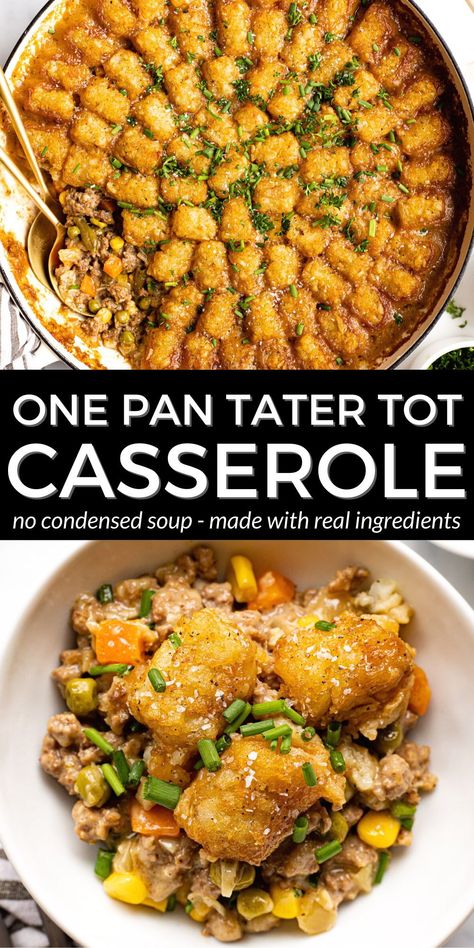 This tater tot casserole is a family favorite Midwest comfort food that's layered with tender veggies and ground beef in a creamy gravy topped with melted cheese and tater tots. It's loaded with real ingredients - which means NO CONDENSED SOUP - and it's made all in one pot so it can go from the stove to the oven, right to your dinner table! Cheesy Vegetables, Easy Dinner Casserole Recipes, Best Tater Tot Casserole, Cream Of Soup, Tater Tot Hotdish, Easy Tater Tot Casserole, Easy Tater Tots, Casserole With Ground Beef, Dinner Casserole Recipes