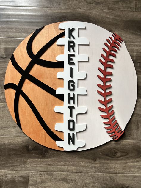 This name sign is made for the sports lover in your house. Personalize this name sign with your child's name or their favorite sports team.  Please send us a message if you love our sign but would like it personalized will different sports options. Dimension: 22 inches *Not all sports team names can be used. It must be generic. Sports Wood Projects, Sports Crafts To Sell, Basketball Office, Door Signs Wooden, Kid Bedrooms, Sports Room Decor, Sports Classroom, Football Names, Football Diy