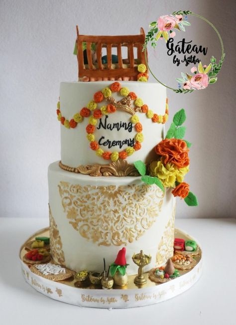 Telugu style namakaranam / naming ceremony cake Naming Day Cake, Namakaranam Decoration, Naming Ceremony Cake, Bus Cake, Naming Ceremony Decoration, Peppa Pig Cake, Pig Cake, Decoration Cake, Naming Ceremony