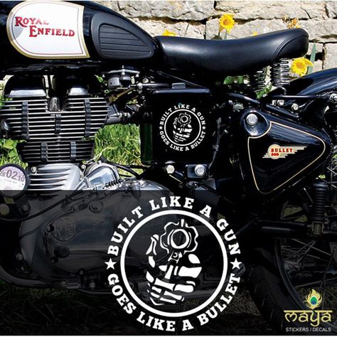 http://mayastickers.com/built-like-a-gun-goes-like-a-bullet-sticker Royal Enfield Blue, Royal Enfield Thunderbird 350, Royal Enfield Stickers, Royal Enfield Logo, Classic 350 Royal Enfield, Bullet Stickers, Royal Enfield Classic 350, Enfield Thunderbird, Skeletal Hand