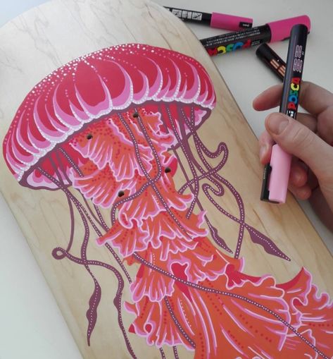 POSCA UK (@posca_uk) • Instagram photos and videos Blank Skateboard Decks, Painted Skateboard, Surfboard Painting, Custom Skateboard Decks, Snowboard Art, Aquatic Animal, Snowboard Design, Longboard Design, Pink Jellyfish